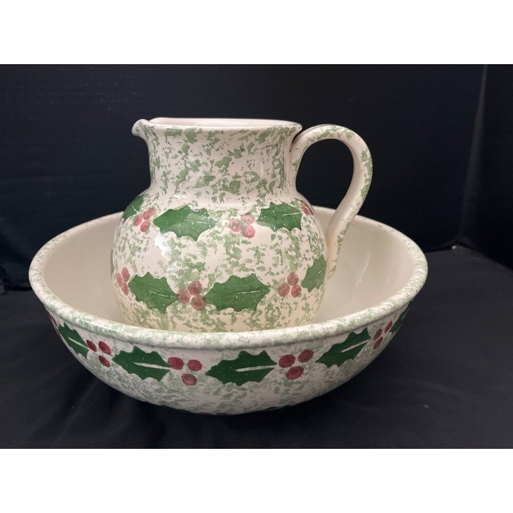 Vintage Ceramic Spongeware Holiday Pitcher & Bowl Hand Painted Red Berries Green